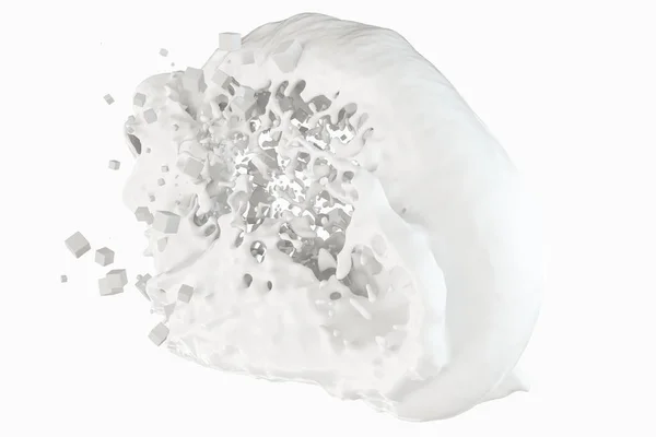 Zuiverheid spatten van melk met vliegende kubussen, 3D-rendering. — Stockfoto