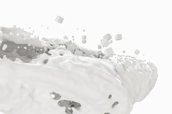 Чистота брызг молока с летящими кубиками, 3D рендеринг . — стоковое фото