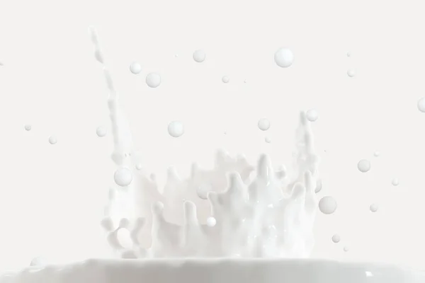 Pureza salpicadura de leche con formas de corona, 3d renderizado . —  Fotos de Stock