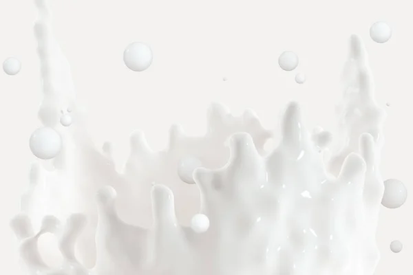 Renhet stänk mjölk med krona former, 3D-rendering. — Stockfoto