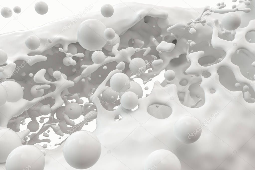 Purity splashing milk with flying spheres, 3d rendering.