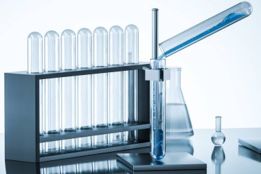 Laboratuvarda kimyasal aletler ve reaktifler, 3d render