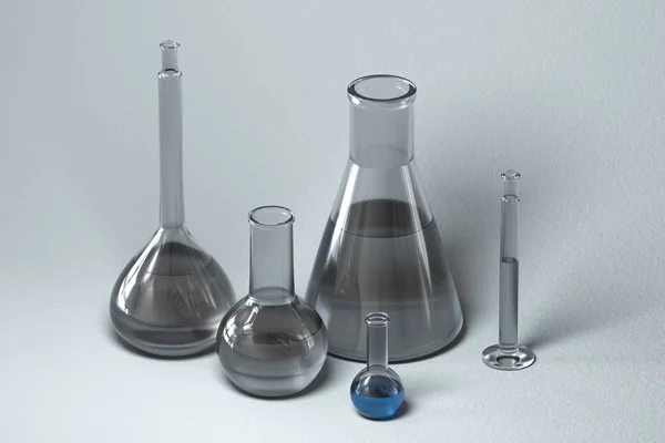 Instruments chimiques et réactifs en laboratoire, rendu 3D — Photo