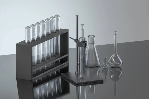 Instruments chimiques et réactifs en laboratoire, rendu 3D — Photo
