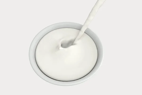 一碗牛奶和飞溅液体，3D 渲染. — 图库照片