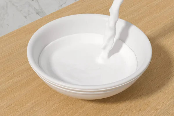 Eine Schüssel Milch und Spritzflüssigkeit, 3D-Rendering. — Stockfoto