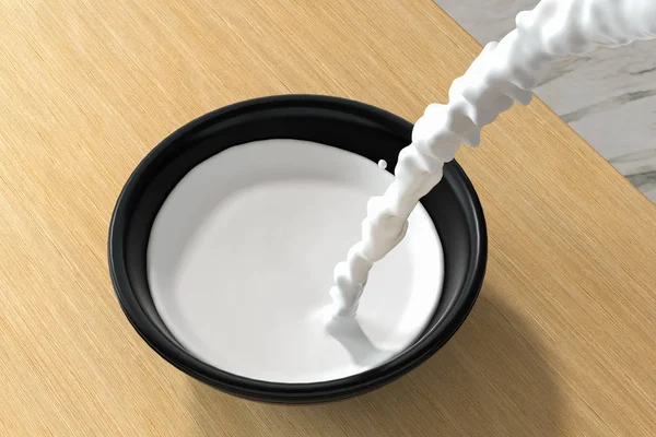 En skål med mjölk och stänk vätska, 3D-rendering. — Stockfoto