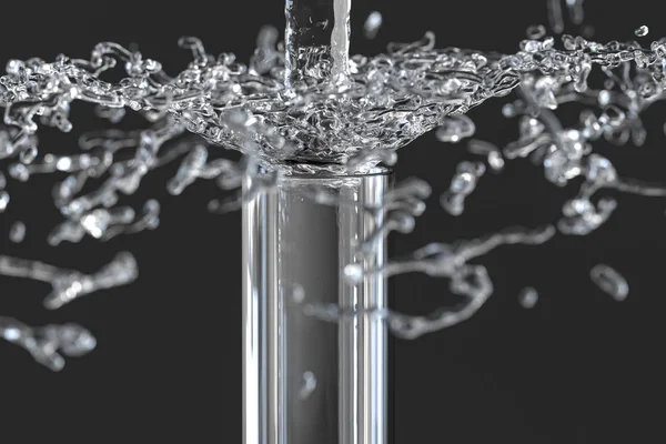 Tubo de ensayo químico y agua salpicada en el laboratorio, renderizado en 3D . — Foto de Stock
