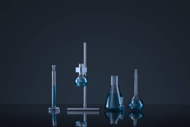 Laboratuvarda kimyasal aletler ve reaktifler, 3d render