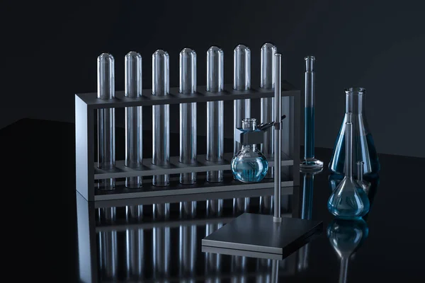 Instrumentos químicos y reactivos en el laboratorio, representación 3d —  Fotos de Stock