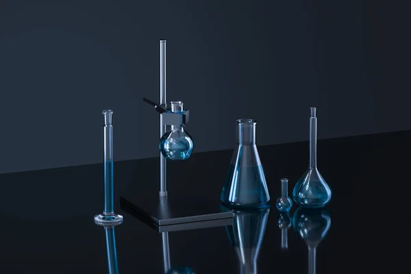 실험실내 화학 기기 및 시약, 3D 렌더링 — 스톡 사진