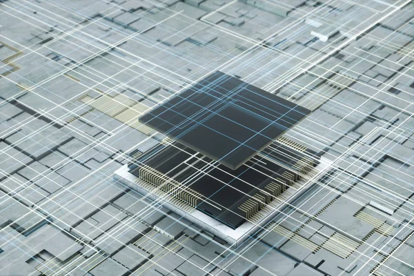 Placa de circuito y líneas electrónicas de fondo, renderizado 3d . —  Fotos de Stock