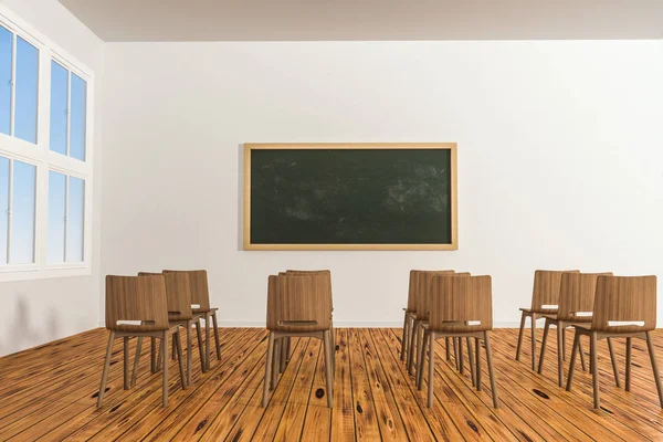 Uma sala de aula com cadeiras no interior e um quadro-negro na frente da sala, renderização 3d . — Fotografia de Stock