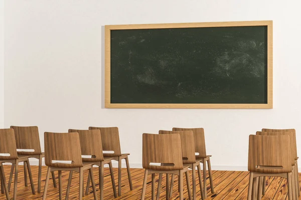 Une salle de classe avec des chaises à l'intérieur et un tableau noir à l'avant de la salle, rendu 3d . — Photo