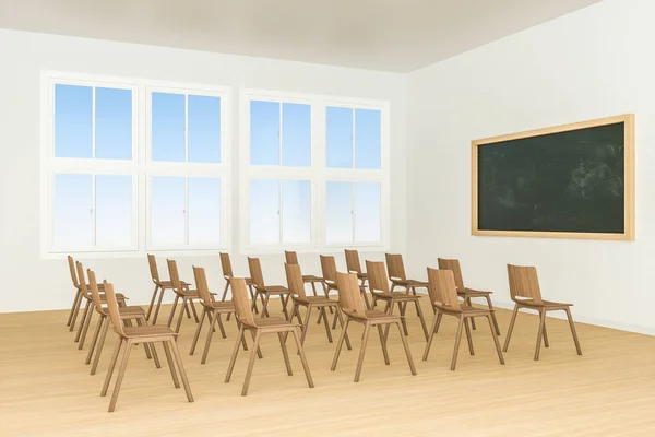 Klasa z krzesłami wewnątrz i tablica w przedniej części pomieszczenia, renderowanie 3D. — Zdjęcie stockowe