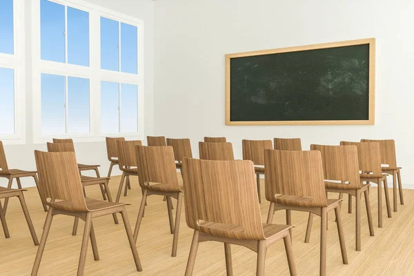 Ein Klassenzimmer mit Stühlen im Inneren und einer Tafel vor dem Raum, 3D-Darstellung. — Stockfoto