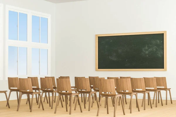 Ein Klassenzimmer mit Stühlen im Inneren und einer Tafel vor dem Raum, 3D-Darstellung. — Stockfoto