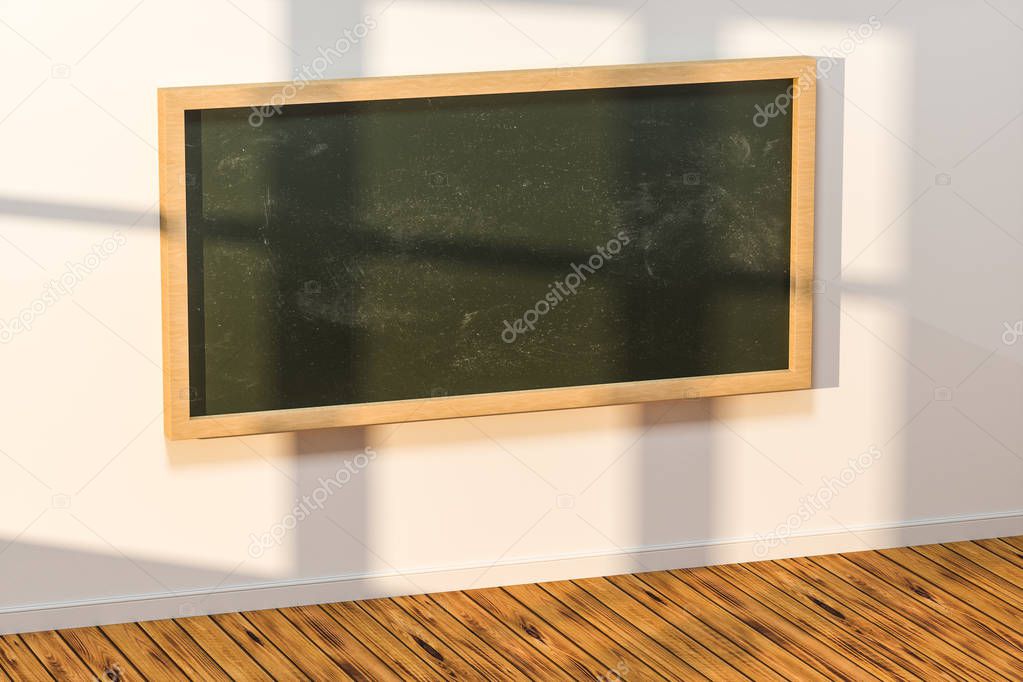 A classroom with a blackboard in the front of the room, 3d rendering.