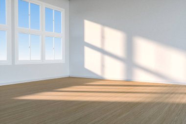 Temizlik evi ve pencereden güneş ışığı, 3d render.