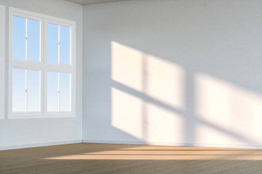 Temizlik evi ve pencereden güneş ışığı, 3d render.