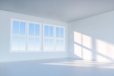 Temizlik evi ve pencereden güneş ışığı, 3d render.