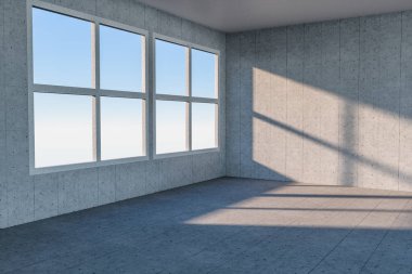 Temizlik evi ve pencereden güneş ışığı, 3d render.