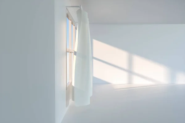 Opona prochází prázdným pokojem se sluncem, 3D vykreslování. — Stock fotografie