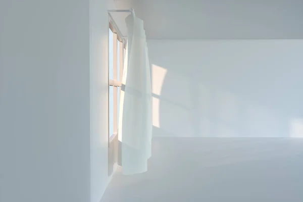 Opona prochází prázdným pokojem se sluncem, 3D vykreslování. — Stock fotografie