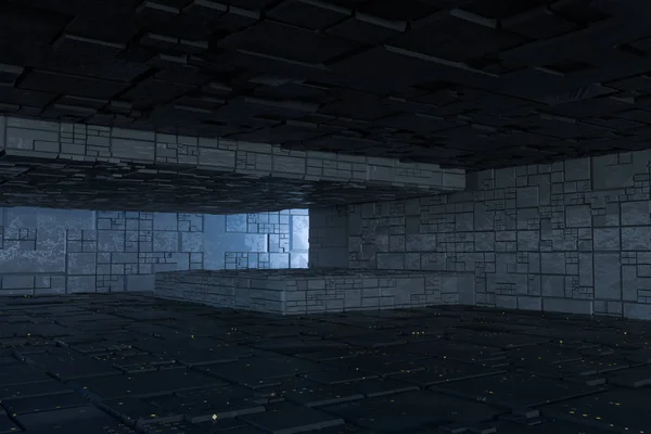 Темные руины с текстурой контура стены, фон архитектуры sci-fi, 3D рендеринг . — стоковое фото
