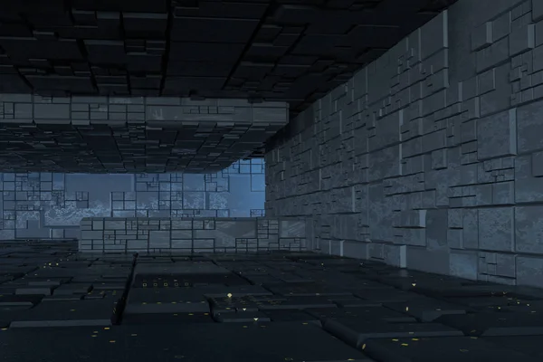 Donkere ruïnes met circuit texture wall, Sci-Fi architectuur achtergrond, 3D rendering. — Stockfoto