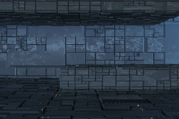 Σκοτεινά ερείπια με τοίχο υφής κυκλώματος, φόντο αρχιτεκτονικής Sci-Fi, απόδοση 3D. — Φωτογραφία Αρχείου