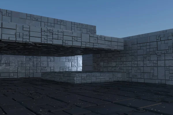 Ruines sombres avec mur de texture de circuit, fond d'architecture de science-fiction, rendu 3d . — Photo