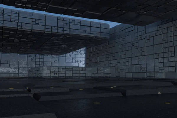 Темні руїни з схемою текстури стіни, фон науково-фантастичної архітектури, 3d рендеринг . — стокове фото