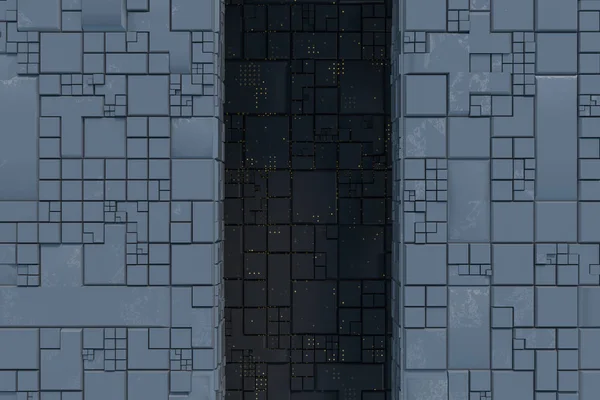 Donkere ruïnes met circuit texture wall, Sci-Fi architectuur achtergrond, 3D rendering. — Stockfoto