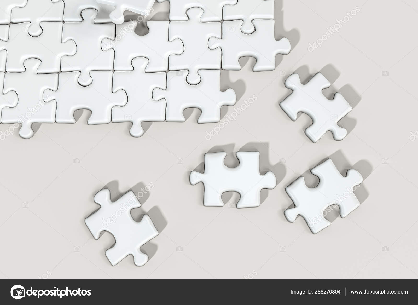 Scattered blank puzzles with white background, 3d rendering. Stock Photo by  ©vinkfan 286270804