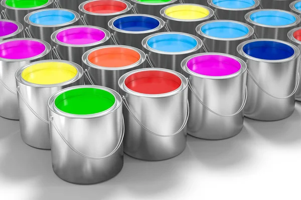 The buckets of colorful paint with white background, 3d rendering.