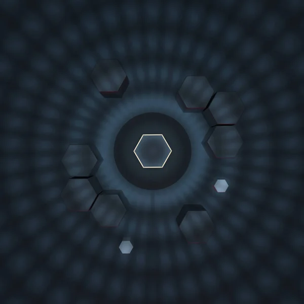 Cubo hexágono con fondo oscuro, rodeado de líneas brillantes, representación 3d . — Foto de Stock