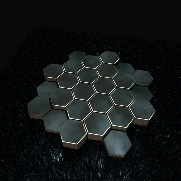 Hexagon kub med mörk bakgrund, omgiven av glödande linjer, 3D-rendering. — Stockfoto