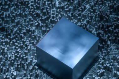 Küpler ve çizgiler, 3d render ile koyu teknolojik çizgiler arka plan.