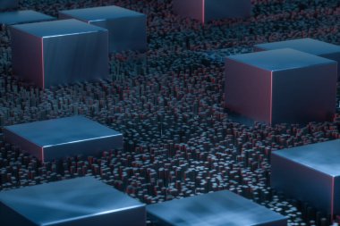 Küpler ve çizgiler, 3d render ile koyu teknolojik çizgiler arka plan.