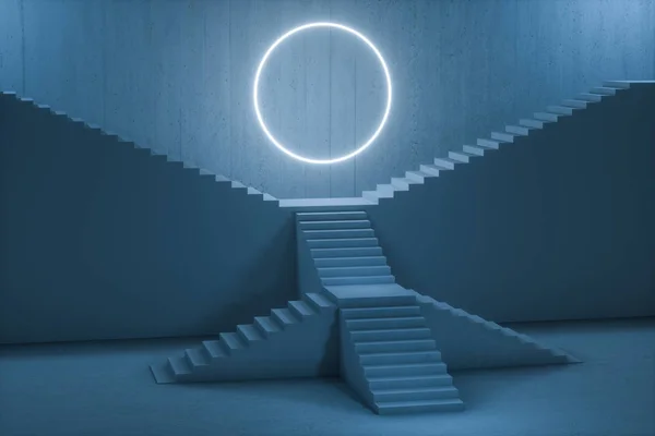 A escada no porão escuro com linhas brilhantes, renderização 3d . — Fotografia de Stock