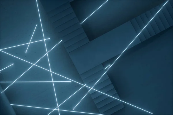 光る線、3Dレンダリングと暗い地下の階段. — ストック写真