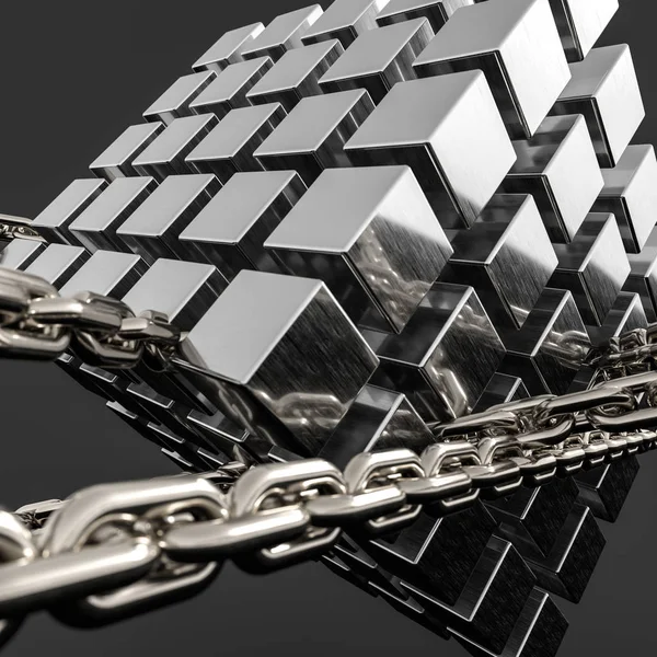 Metalen kettingen en kubussen achtergrond, 3D rendering. — Stockfoto