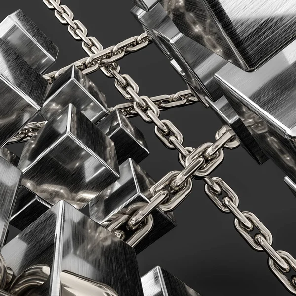 Metalowe łańcuchy i kostki tła, renderowanie 3D. — Zdjęcie stockowe