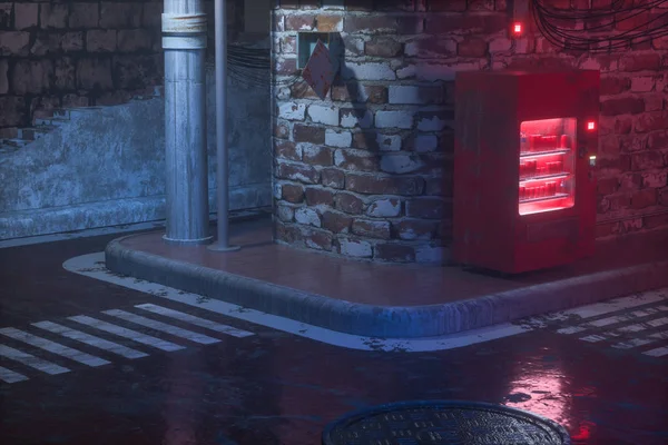 En retro gata med varuautomater på sidan av vägen på natten, 3D-rendering. — Stockfoto
