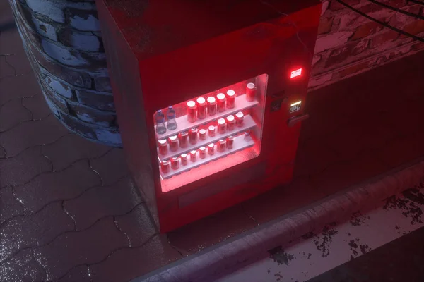 Ретро-улица с торговыми автоматами на обочине ночью, 3D рендеринг . — стоковое фото