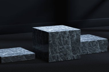 Karanlık odada mermer kübik platform, 3d render