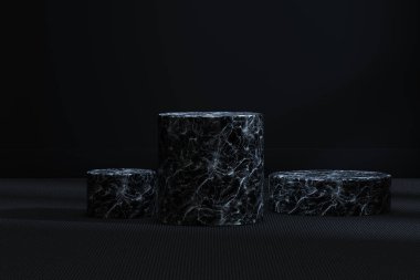 Karanlık odada mermer silindir platformu, 3d render
