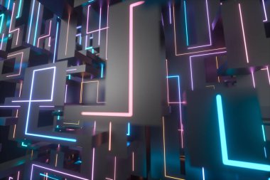 Çapraz parlayan çizgiler, 3d render ile renkli siber alan.