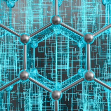 Mavi altıgen ve parlayan çizgiler geçti, 3d render.